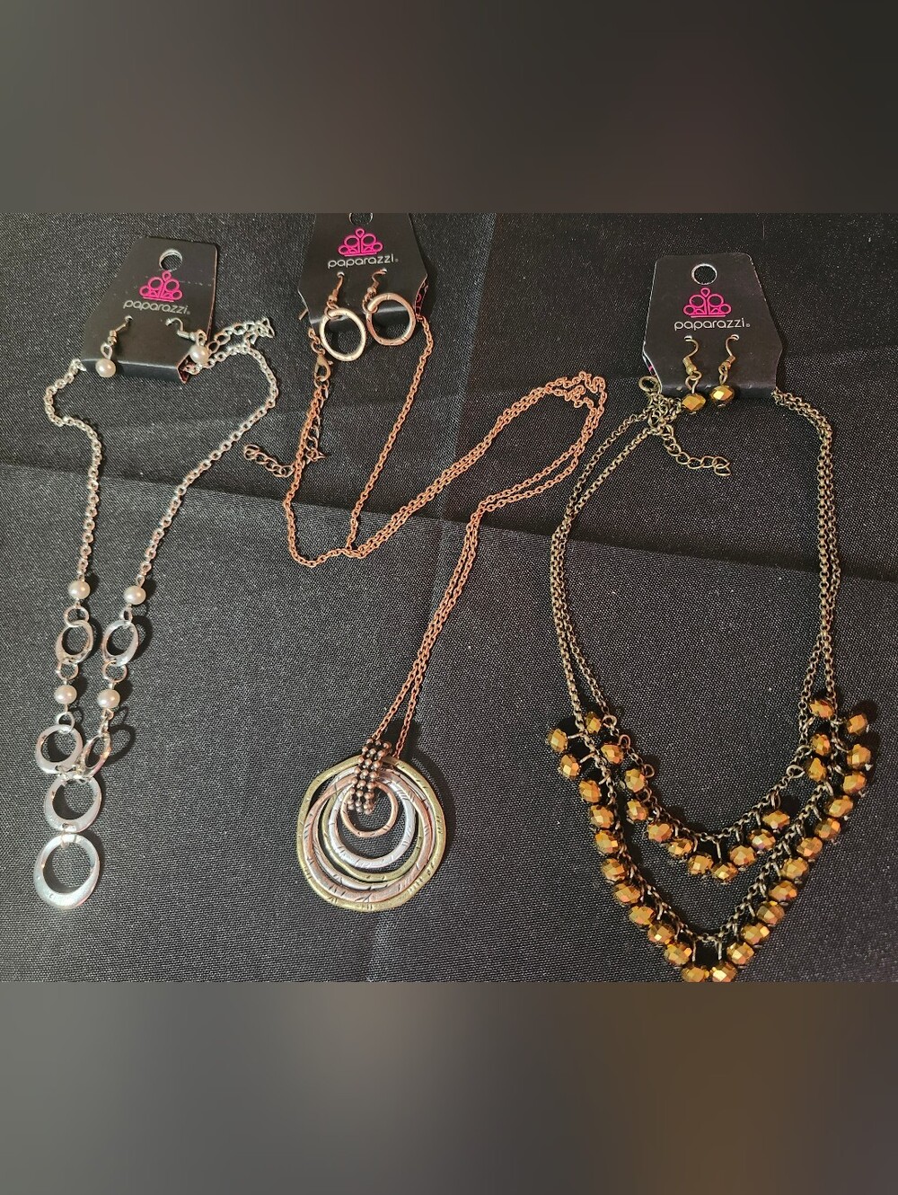 Paparazzi Mixed Metal & Amber Trio Necklace Set - Rose Gold Silver Black Amber